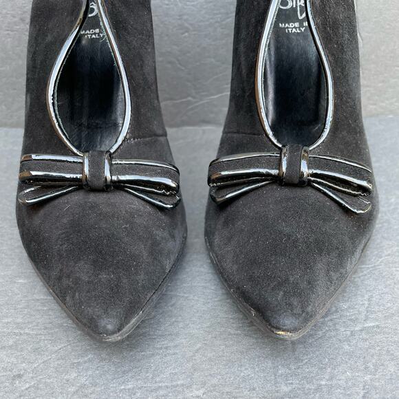 Vintage Icone Black Suede Heels 38.5/US 7.5 Italy Patent Bow 90s - Picture 4 of 10